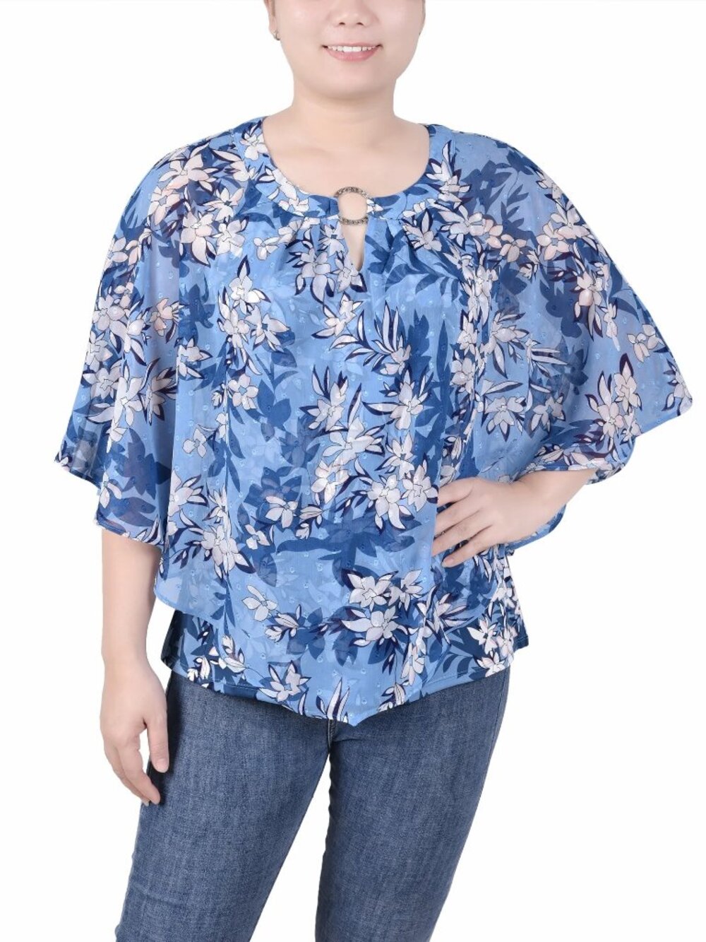 NY Collection Women's Blue Floral Chiffon Poncho Top with Ring Detail